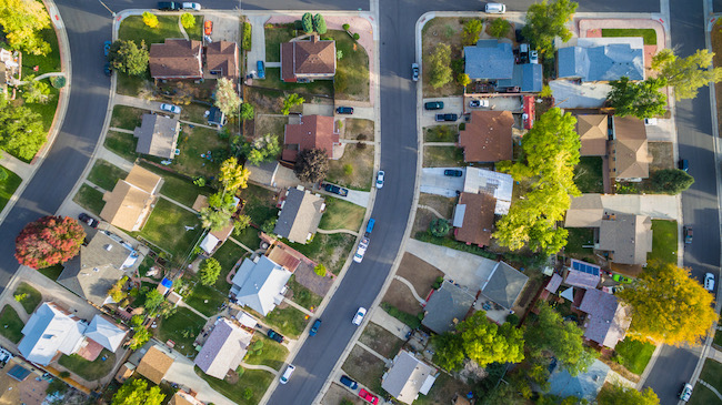 Aerial shot of a suburban street