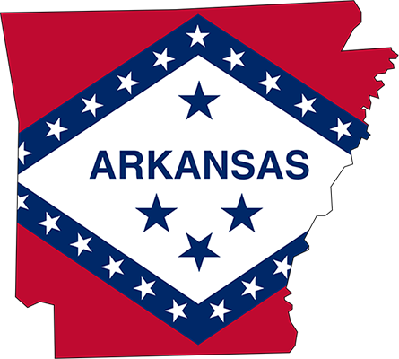 An outline of the state of Arkansas with the state of Arkansas flag overlayed on top