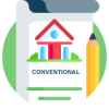 An icon of a paper with a house that says conventional