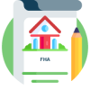 An icon of a paper with a house that says FHA